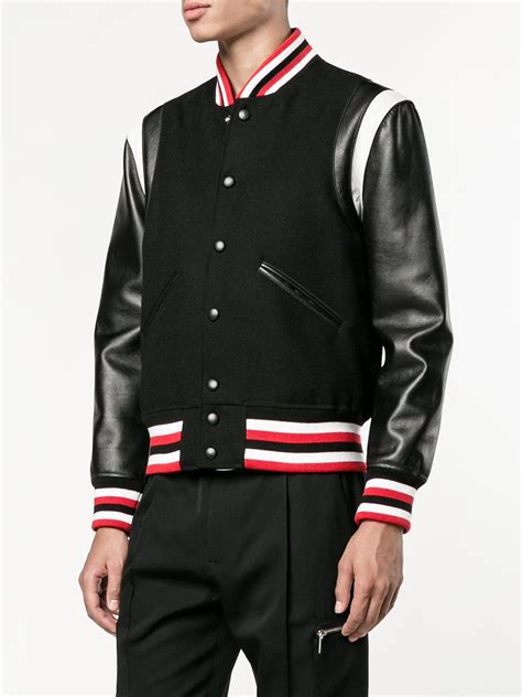 givenchy black leather red stripe varsity|Varsity jacket in leather and leopard print fur .